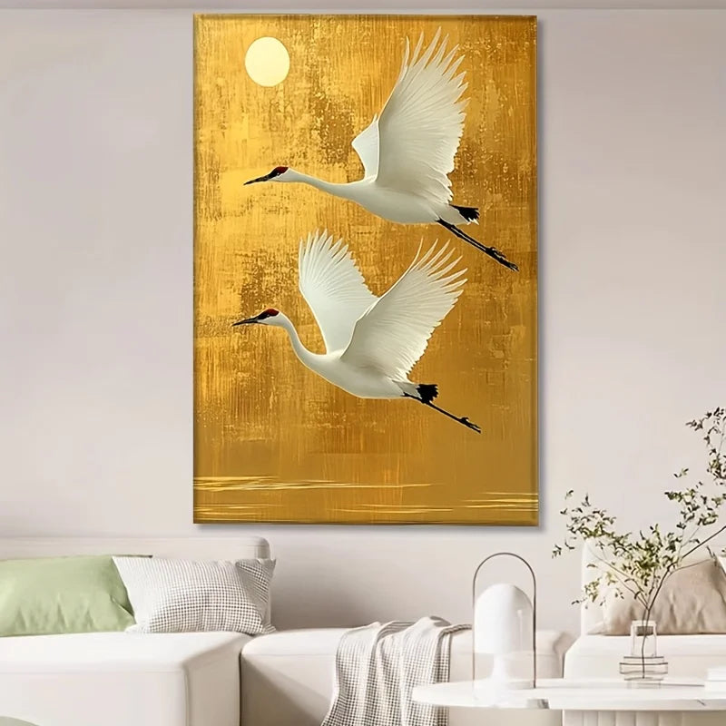 Elegant White Crane Wall Art with Golden Background Frameless Chinese Style Print, Tranquil Decorative Painting Canvas Wall Art Peaceful Pleasures Health and Wellness