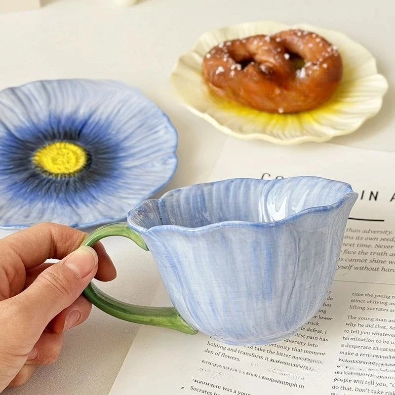 Creative Hand Painted Underglaze Flower Ceramic Coffee Cup and Plate French Retro Petal Afternoon Tea with Cup and Plate Gifts Peaceful Pleasures Health and Wellness
