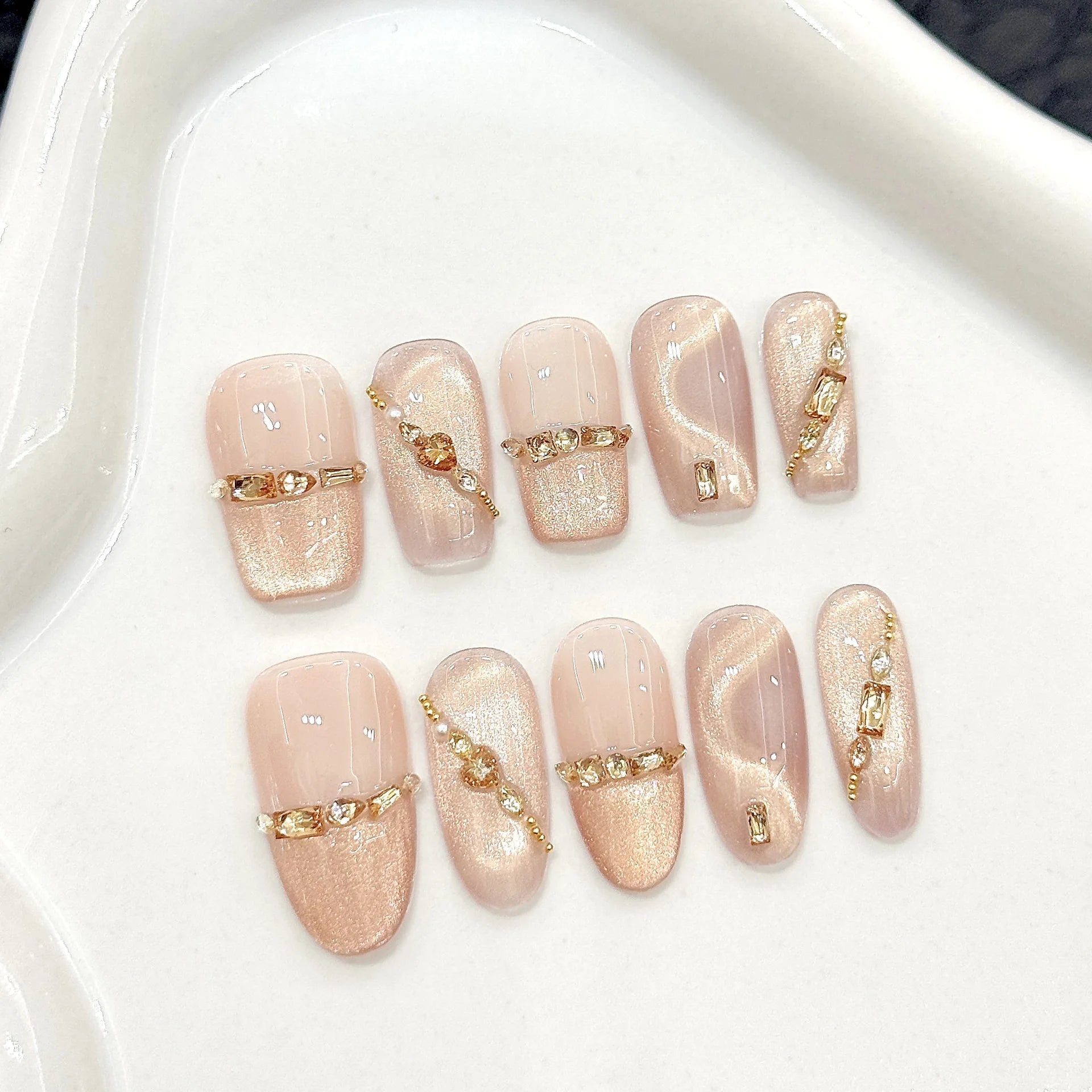 10pcs Handmade Press on Nails Gold Diamond Decor Nude Cat Eye Fake Nails Glitter Lady Wearable Reusable False Nail Tips Peaceful Pleasures Health and Wellness