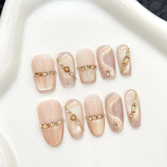 10pcs Handmade Press on Nails Gold Diamond Decor Nude Cat Eye Fake Nails Glitter Lady Wearable Reusable False Nail Tips Peaceful Pleasures Health and Wellness