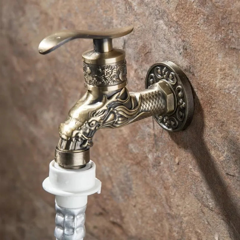 Antique Bronze Zinc Alloy Faucet Carved Wall Mount Tap Outdoor Garden