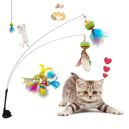 Interactive Cat Feather Wand Toy | Suction Cup & Bells Interactive Cat Toy Peaceful Pleasures Health and Wellness