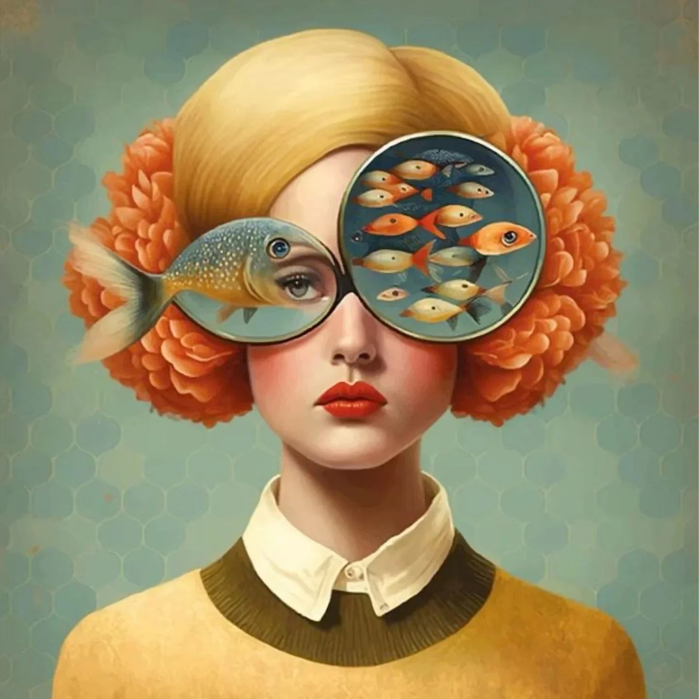 Surrealism Woman & Fish Canvas Wall Art | Fantasy Portrait Print