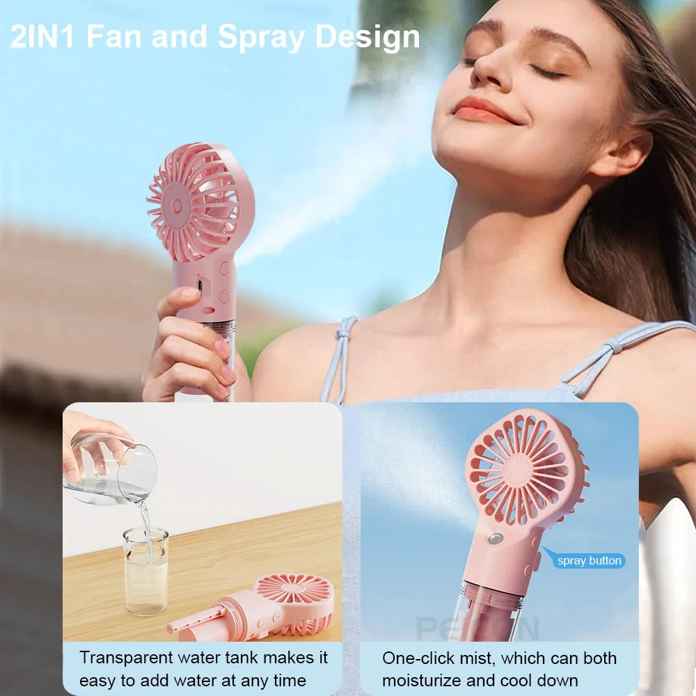 Portable Handheld Mist Fan Rechargeable Personal Fan Spray Water Mist Fans for Summer Beach Travel Camping Mini Cooling Hand Fan Peaceful Pleasures Health and Wellness