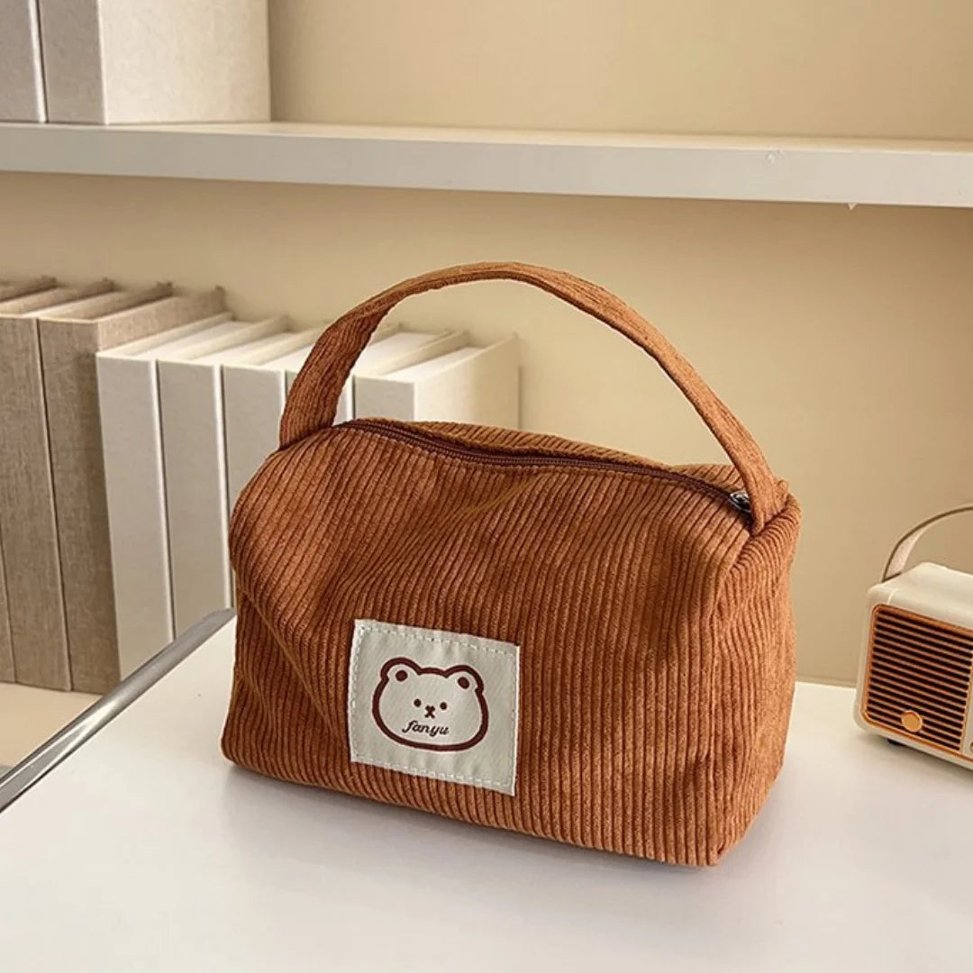Bear Corduroy Large Makeup Bag – Zipper Cosmetic Organizer