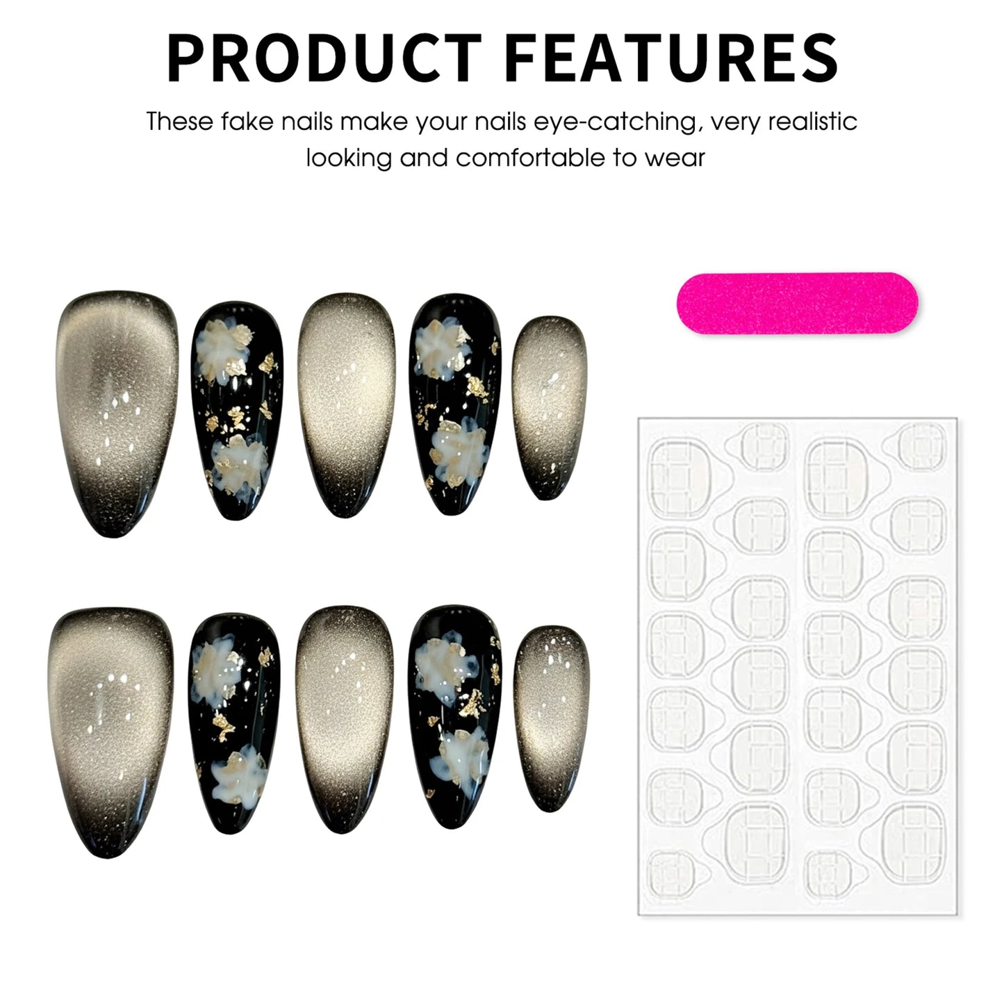 10pcs Handmade Black Cat Eyes False Nails Press On Nails With Gold Foil Floral Designs Long Almond French Wearable Nail Tips Peaceful Pleasures Health and Wellness