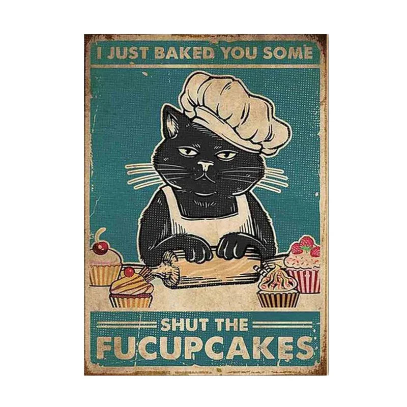 Funny Black Cat Coffee Canvas Wall Art | Retro Cat Poster