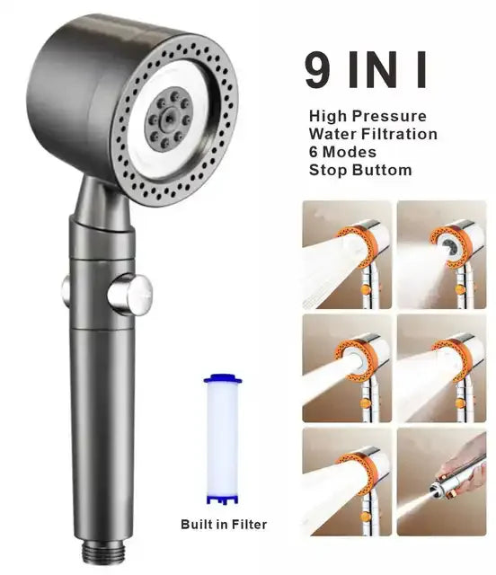 5-Mode High-Pressure Handheld Shower Head with Filter & Stop Button