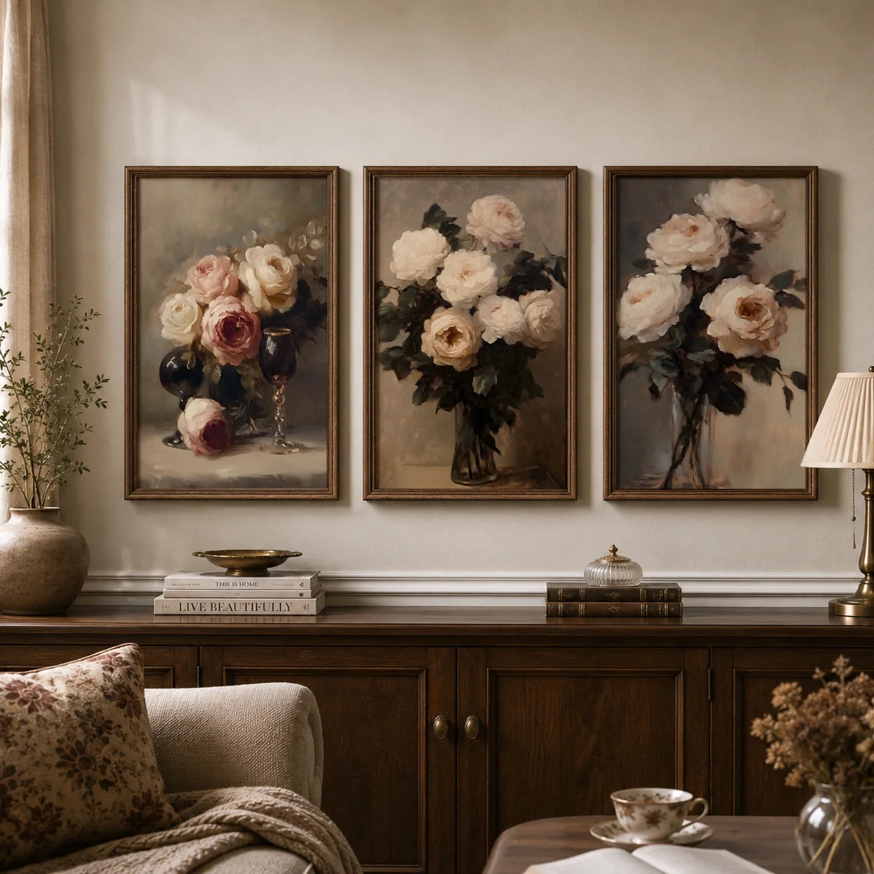 Vintage Wall Art, Rose Floral Oil Painting Canvas Painting, Neutral plant Poster Print for Bedroom Living Room Wall Decor Peaceful Pleasures Health and Wellness