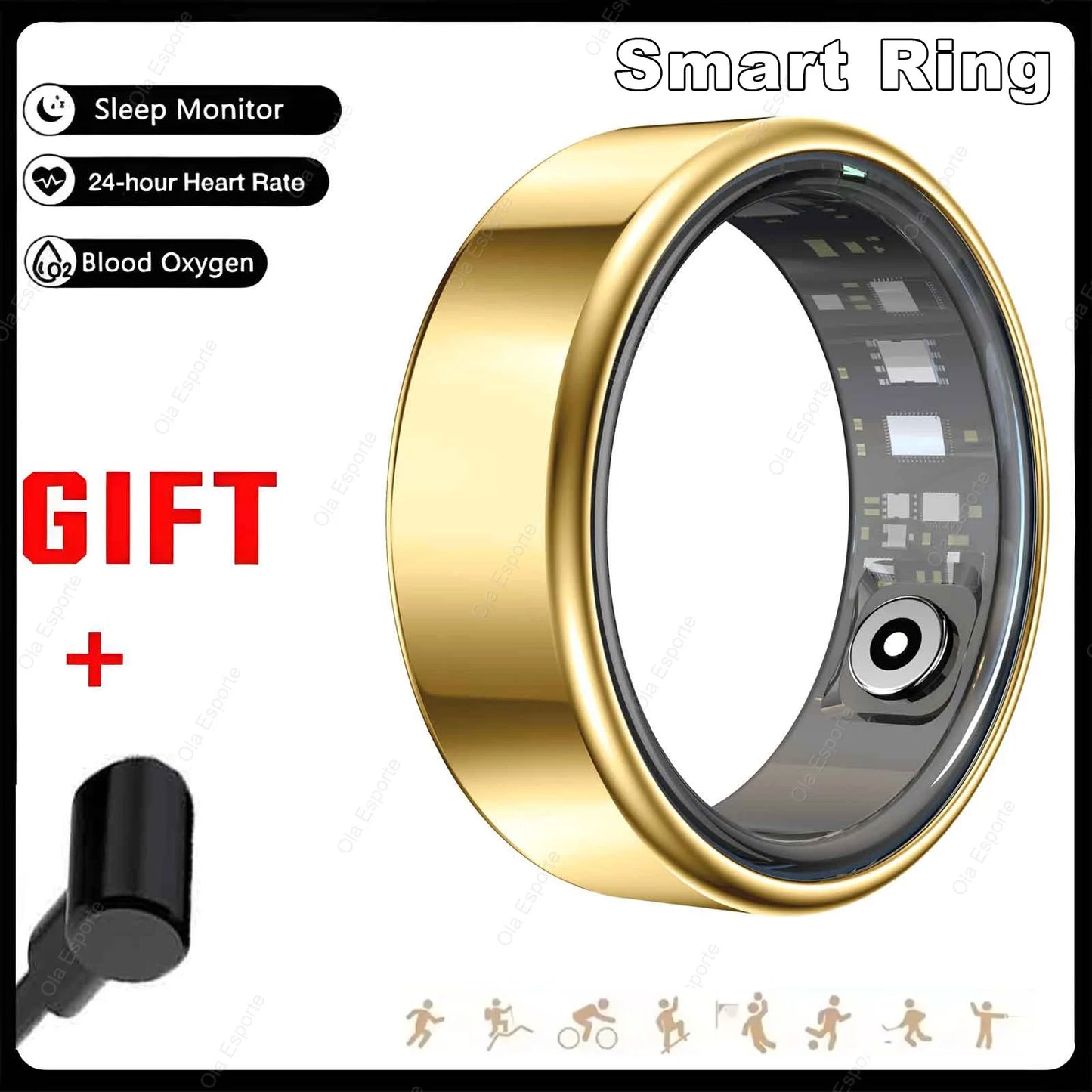 Smart Ring with Charging Box Men Women Health Sleep Heart Rate Monitoring IP68 & 5ATM Waterproof Multi-sport Mode Smartring New Peaceful Pleasures Health and Wellness Gold 8
