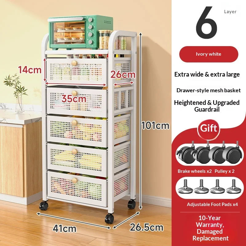 Space Saving Heavy Duty Multi Layer Rolling Fruit Vegetable Basket Storage Cart for Kitchen Floor Standing Organizer Peaceful Pleasures Health and Wellness White 6 Layers