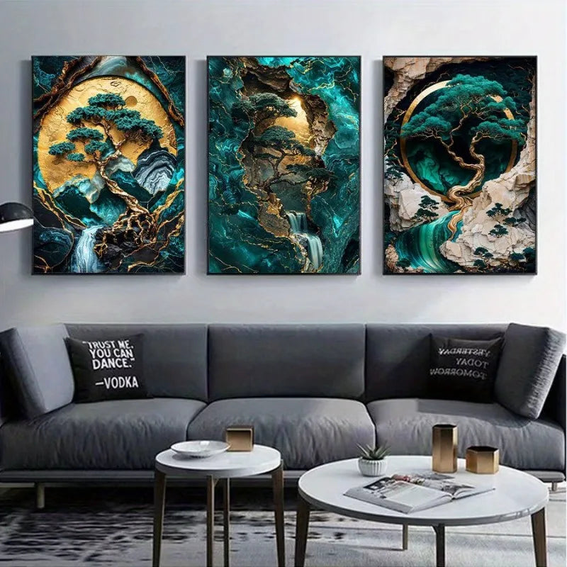 3pcs Advanced Marble Pattern Jade Green Golden Foil Line Art High-Definition Canvas Printing Deco Art Unframed for Home Decor Peaceful Pleasures Health and Wellness