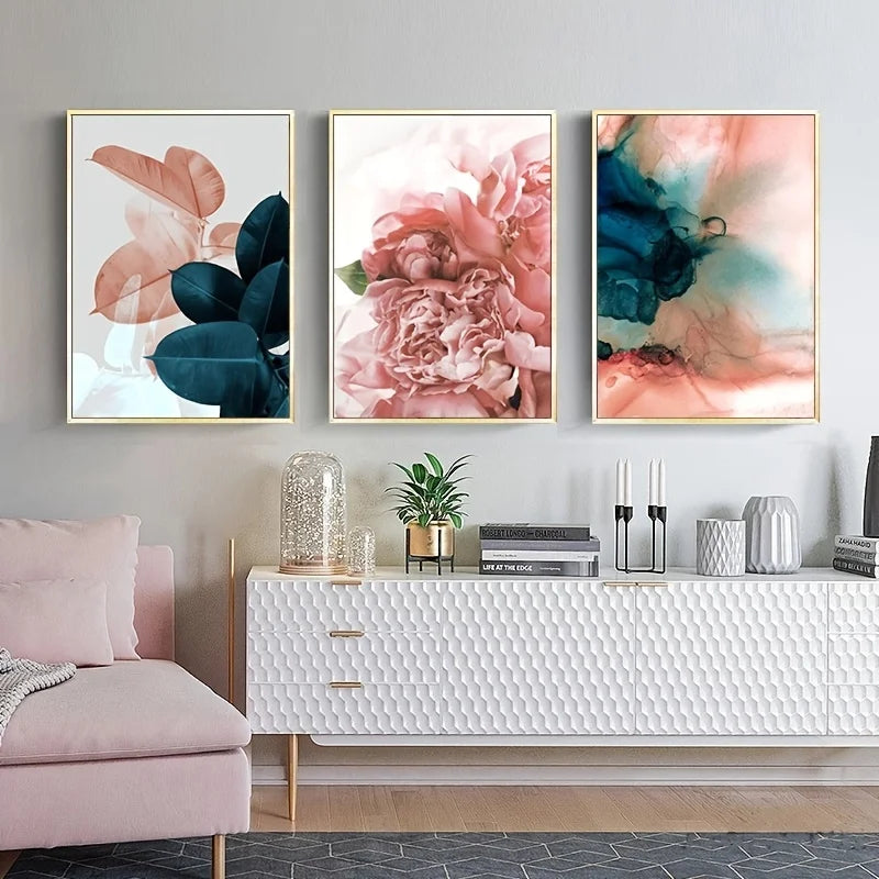 3-Piece Nordic Pink Flower Canvas Wall Art | Living Room Decor Canvas Wall Art Peaceful Pleasures Health and Wellness