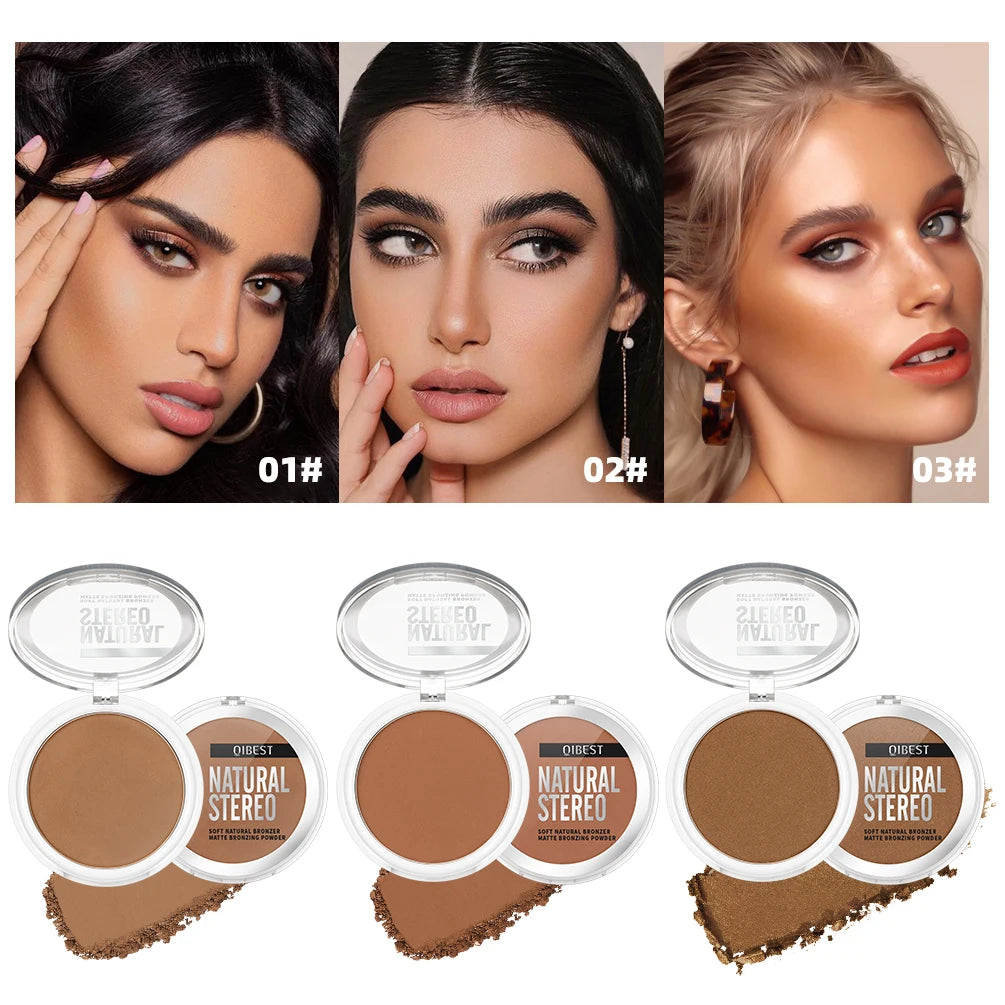 QIBEST 3D Bronzer Matte Wheat Contour Powder Palette Face Makeup Natural Highlights Contouring Waterproof Lasting Bronzer Powder Peaceful Pleasures Health and Wellness