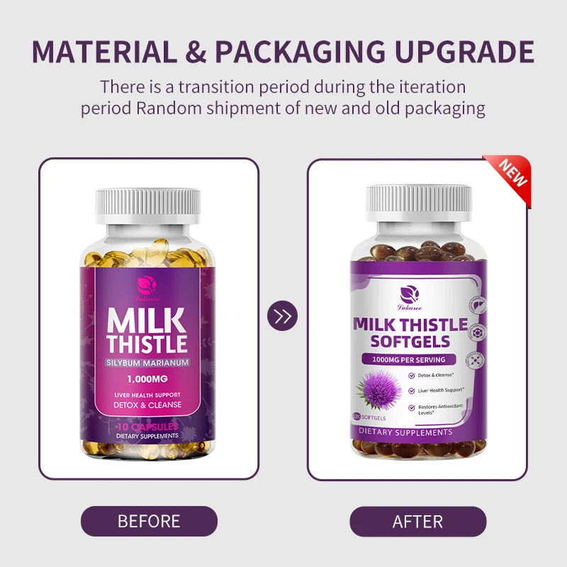 Comparison of Milk Thistle supplement bottles with 'Before' and 'After' labels on a gray background.