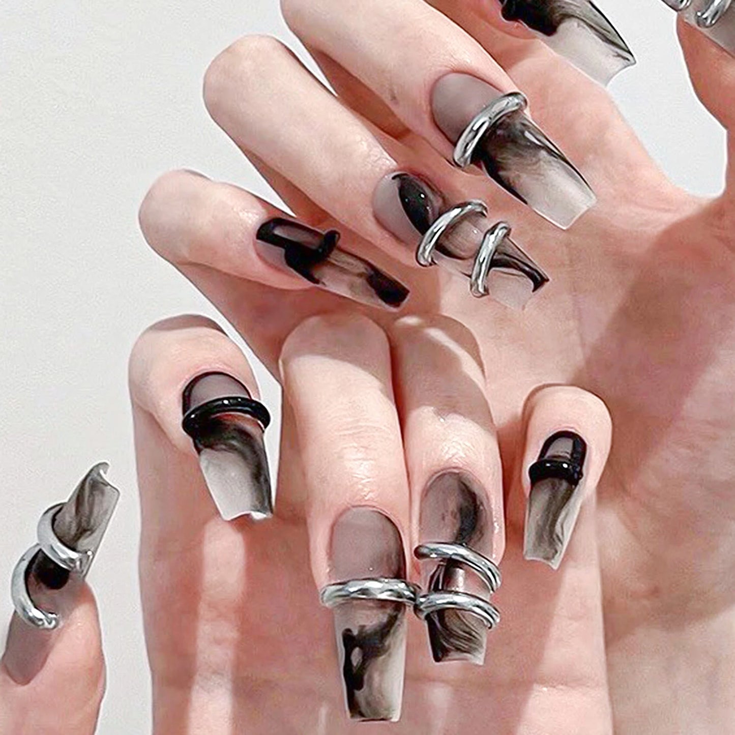 Handmade Press on Nails Dark Gothic Ink Hand Drawn Fake Nails for Women Girl Wearable Spice Girl Long Ballet False Nail Tips Peaceful Pleasures Health and Wellness