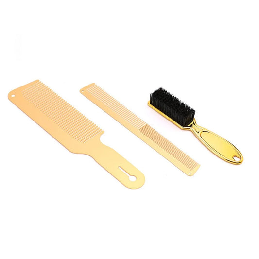 3pcs/Set Plating Gold Hair Clipper Cutting Comb And Brush Set Colorful Barber Comb Neck Duster Brush Set For Barbermen Tools Peaceful Pleasures Health and Wellness