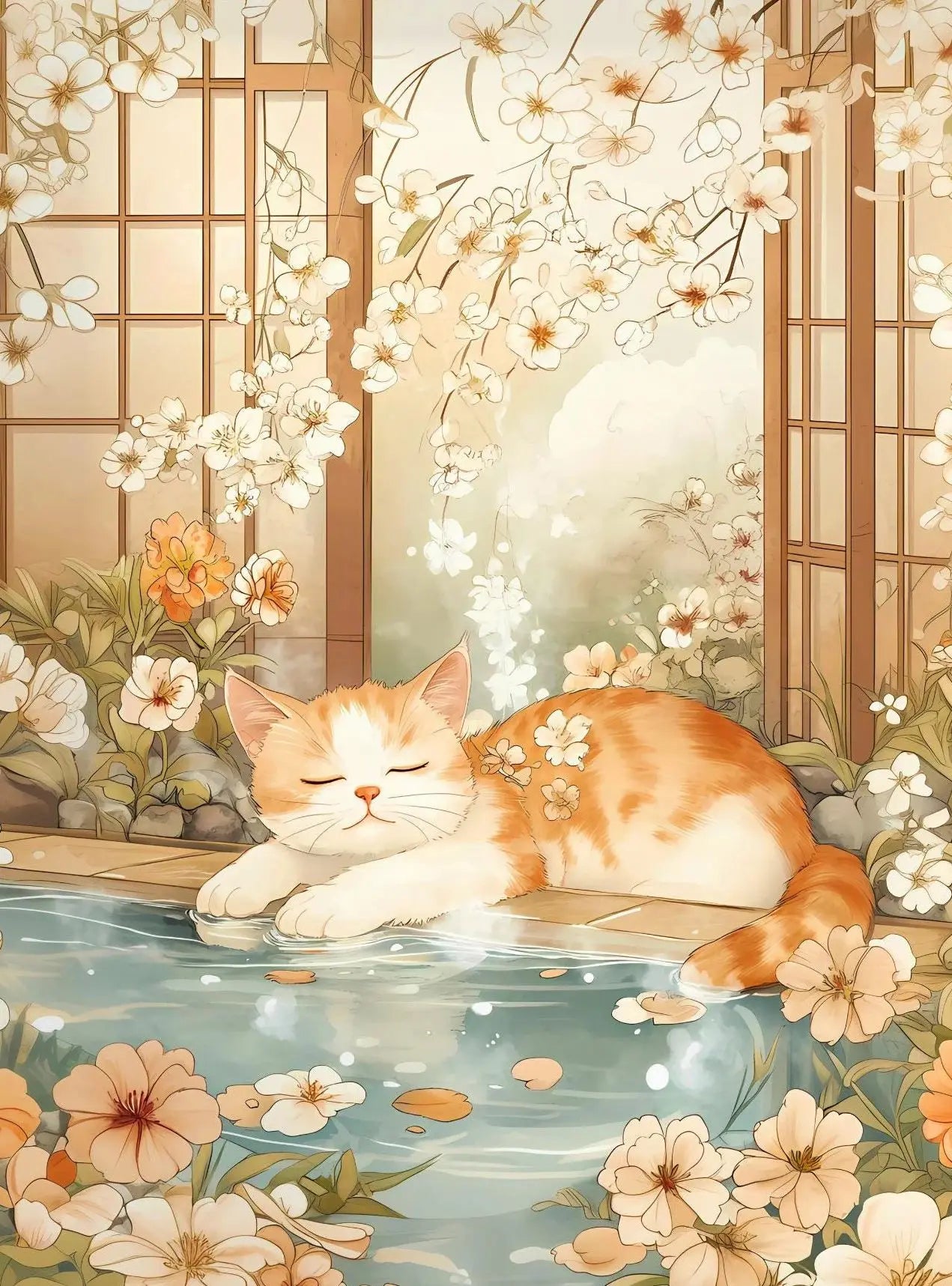 Japanese Cherry Blossom Cat Hot Spring Canvas Wall Art Print Canvas Wall Art Print Peaceful Pleasures Health and Wellness
