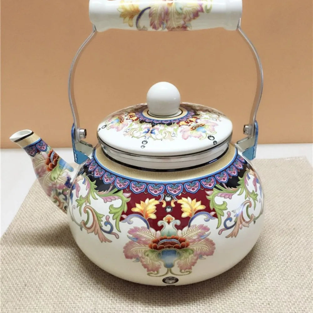 Chinese Style Enamel Teapot Floral Enameled 2.5L Gas Water Kettle Antiscald Handle Pear-shaped Coffee Pot Gas Induction Cooker Peaceful Pleasures Health and Wellness A