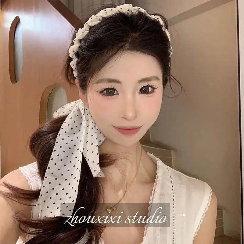 Polka Dot Bow Braided Headband – Non-Slip Chiffon for Women