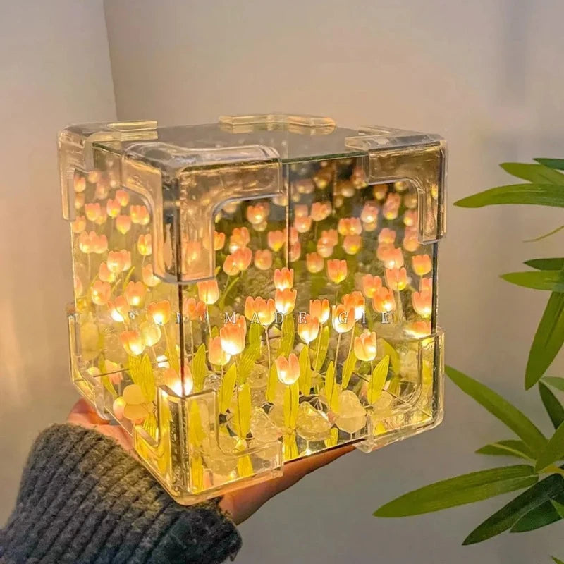 Hot Tulip Nightlight Handmade DIY Material Cube Tulip Mirror Bedroom Decor Atmosphere Lamp Valentine's Day Birthday Gift Peaceful Pleasures Health and Wellness