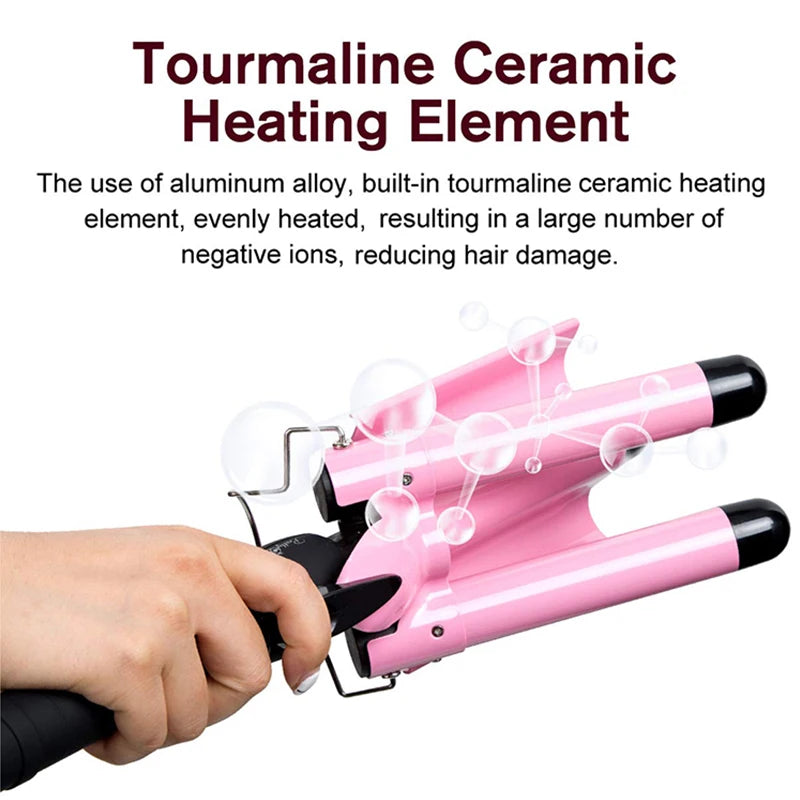 Easy Big Wave Hot Selling Portable New Mini Pink Ceramic Triple Barrel Curler Professional Hair Curling Iron Peaceful Pleasures Health and Wellness