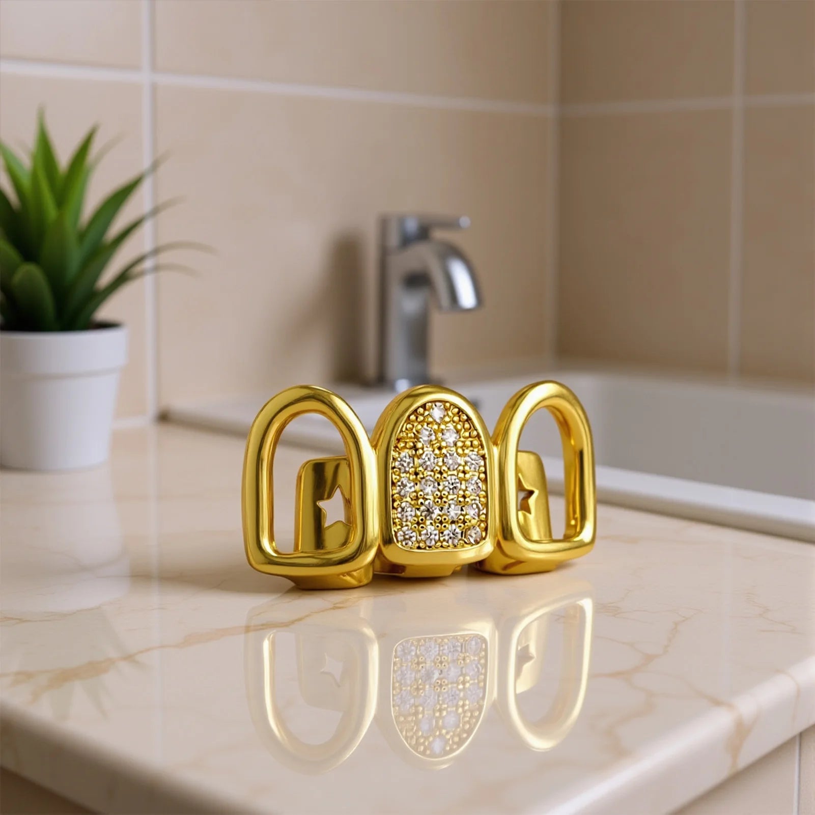 Rhinestone Teeth Cover Gold Plated Hollow Out Three Row Grillz With Zirconia Teeth Cover For Halloween Party Stage Performance Peaceful Pleasures Health and Wellness