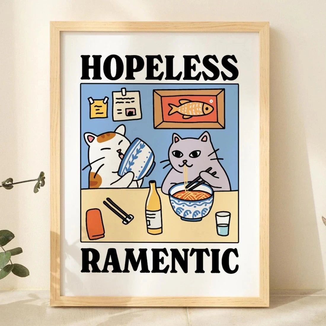 Hopeless Ramentic Cartoon Cat Canvas Wall Art Print Poster