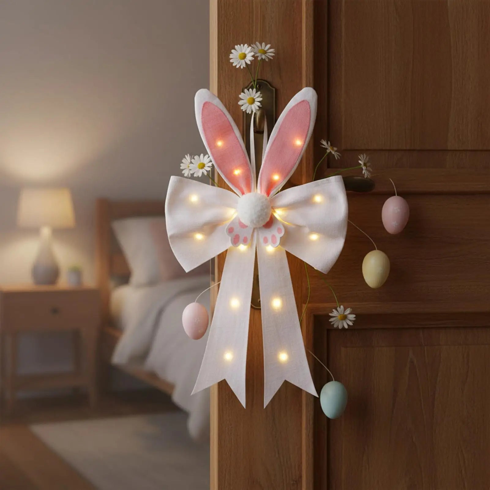 Spring Bow With LED Lights Spring Home Decor Cute Bunny Bow Easter Decorations For Holiday Party Bedroom Living Room Apartment Peaceful Pleasures Health and Wellness