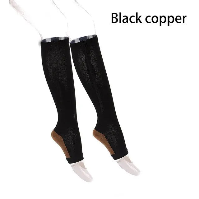 Compression Socks Men Women Support Knee Zipper Female Open Toe Thin Anti Fatigue Stretchy Sox High Socks Unisex Peaceful Pleasures Health and Wellness blackcoffee S-M