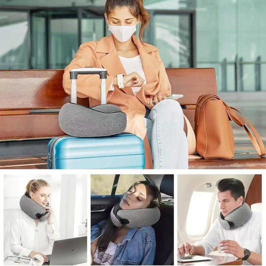 High-Density Memory Foam Neck Travel Pillow 360° Surround Support Ergonomic Design for Airplane Travel Comfort Peaceful Pleasures Health and Wellness