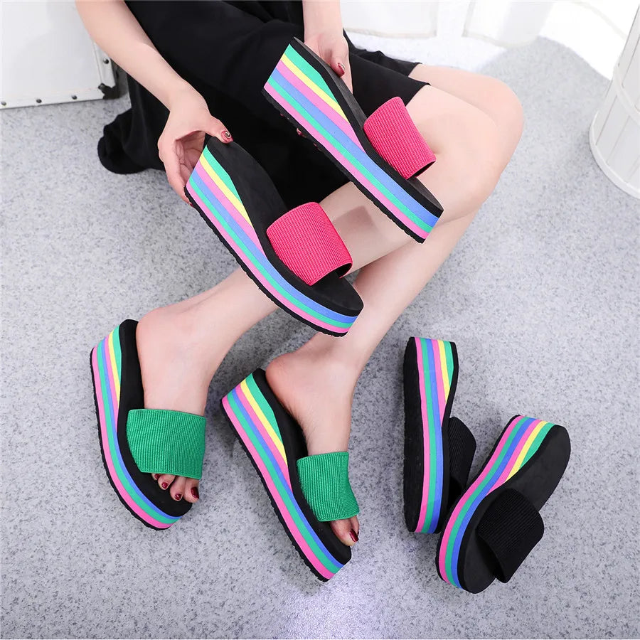 Women's Rainbow Bohemian Wedge Flip Flops | Non-Slip Beach Sandals