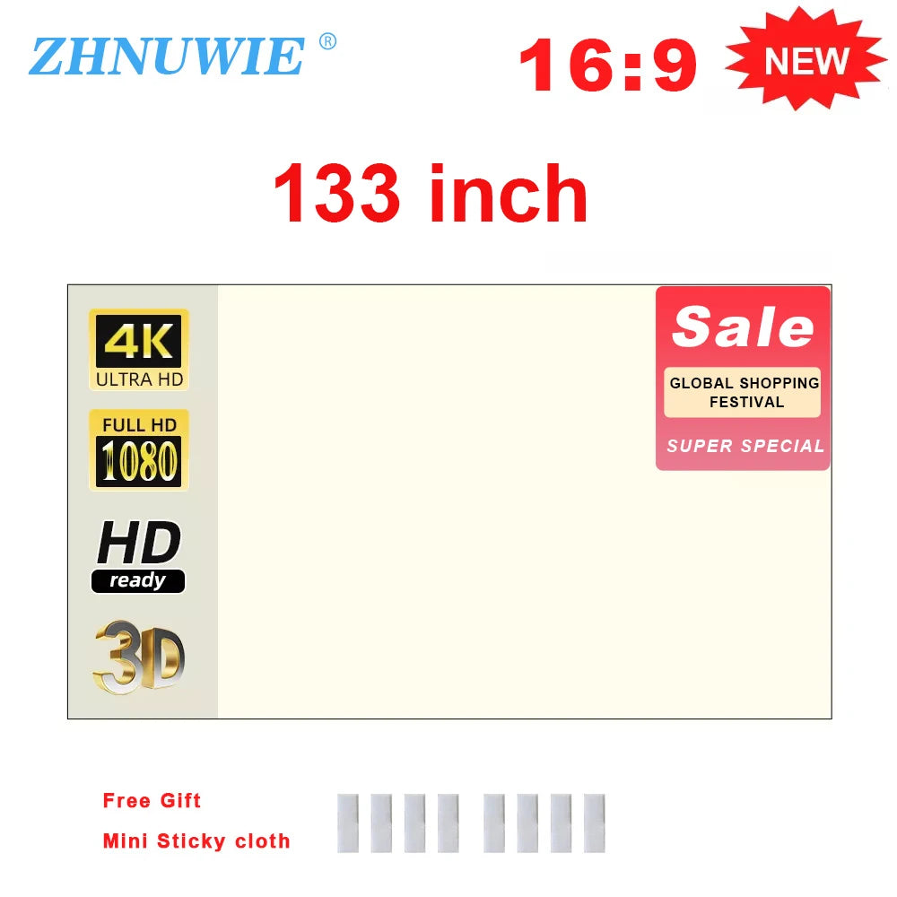 ZHNUWIE Projector Screen White Grid Anti-Light 16:9 Projection Screen For Home 72 84 100 120 133 Inch Portable Reflective Cloth Peaceful Pleasures Health and Wellness 133 inch