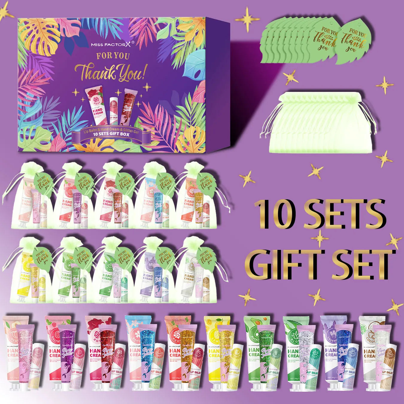 Women's gift set -10 sets/box with hand cream, lipstick, glitter, gift gauze bag, green leaf thank you card combination Peaceful Pleasures Health and Wellness