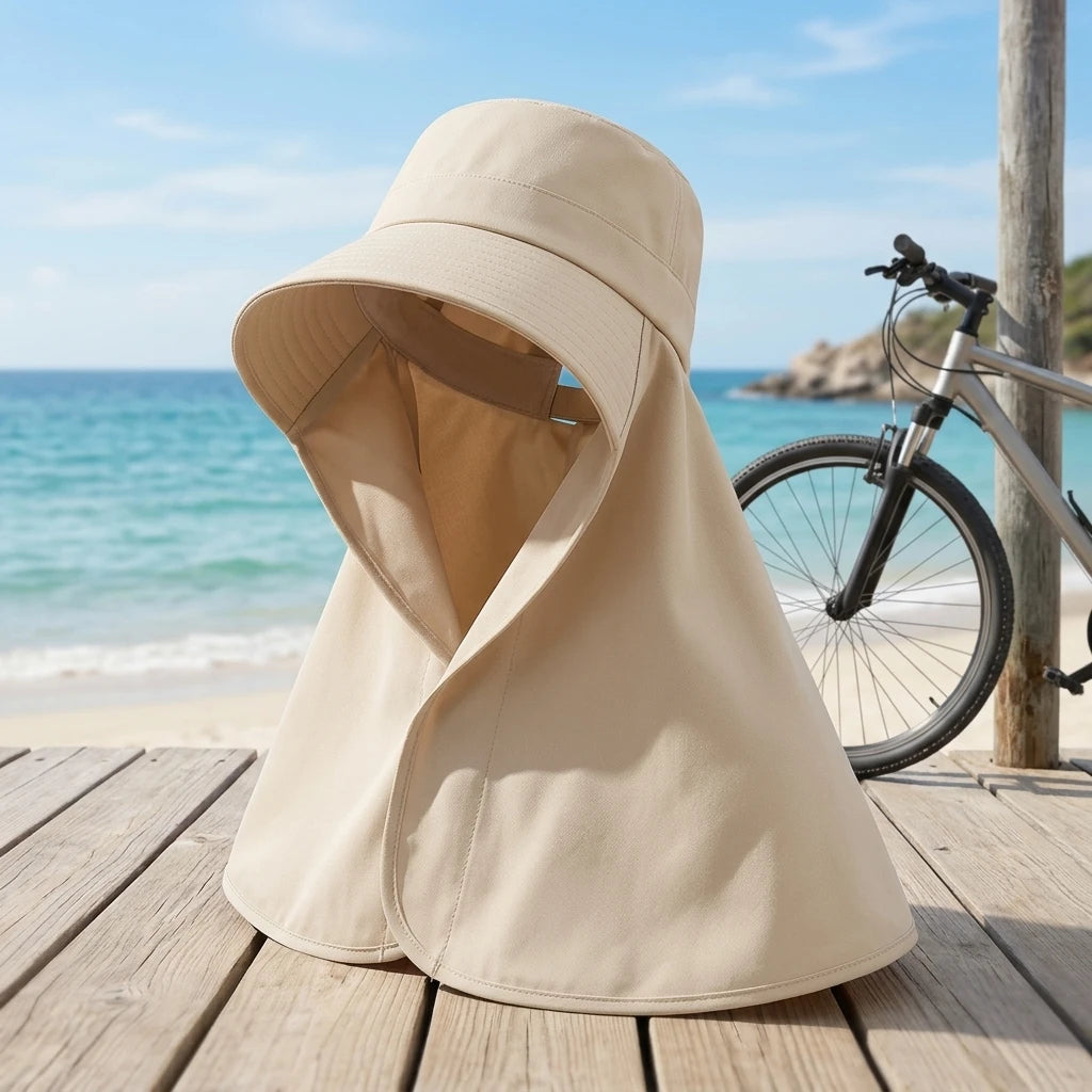 Women Sun-Protection Fisherman Hat Wide Brim Neck Cover UPF50+ Anti UV Ponytail Design Peaceful Pleasures Health and Wellness