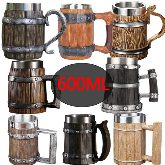 Wooden Barrel Beer Cup Stainless Steel Coffee Mug Viking Style Vintage Beer Mug Double Wall Drinking Cup Halloween Bar Drinkware Peaceful Pleasures Health and Wellness