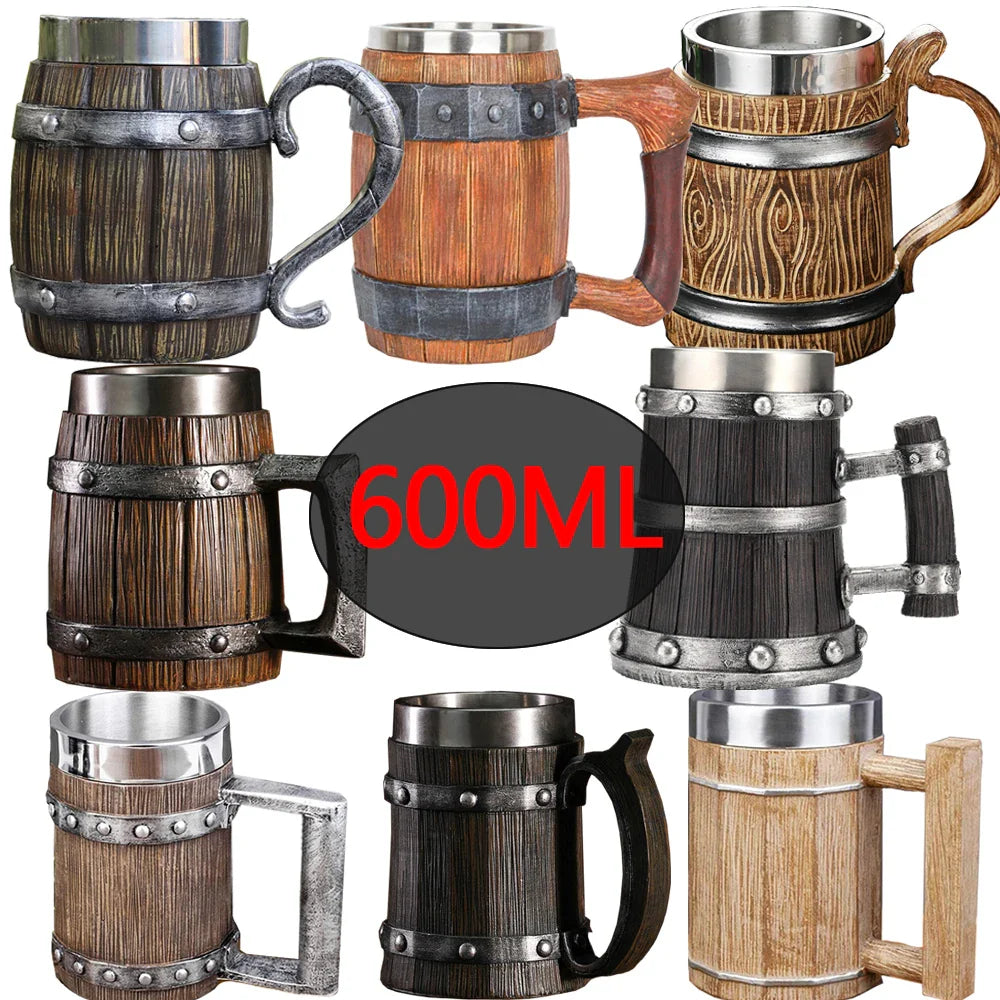 Viking Wood Barrel Beer Mug 600ml – Double Wall Stainless Steel