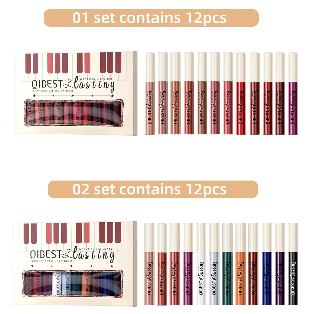 QIBEST 12pcs Matte Liquid Lipstick Set Waterproof Long Lasting Velvet Nude Red Lip Gloss Tint Makeup Cosmetic Lipsticks Lipgloss Peaceful Pleasures Health and Wellness