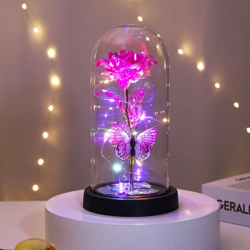 Glass Cover Rose Immortality Flower with Lamp Qixi Valentine's Day Gift Creative Decoration Decorations Peaceful Pleasures Health and Wellness C glass cover 11.5X23X9CM