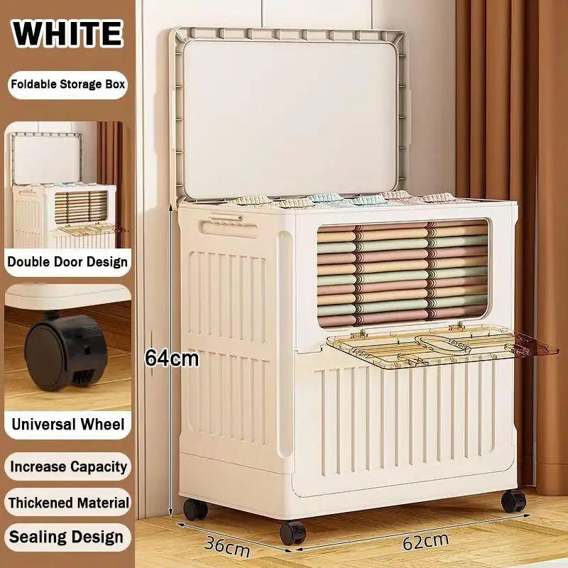 Foldable Plastic Storage Box with Wheels – Large Organizer Rolling Storage Box Peaceful Pleasures Health and Wellness White 2 Door