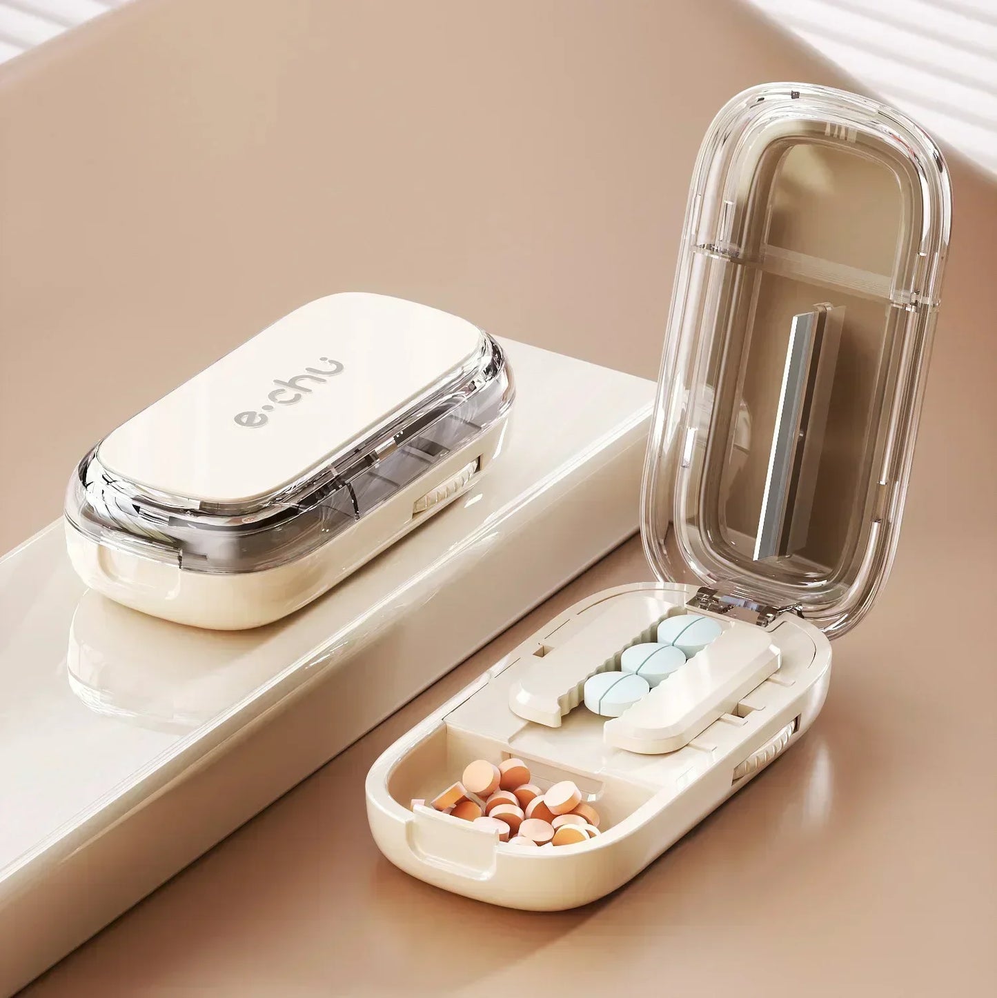 Multi- Functions Pill Cutter Portable Drug Tablet Storage Box 1/3, 2/1, 4/1 Pill Splitter Medicine Dustproof Divider Organizer Peaceful Pleasures Health and Wellness Halve White China Mainland