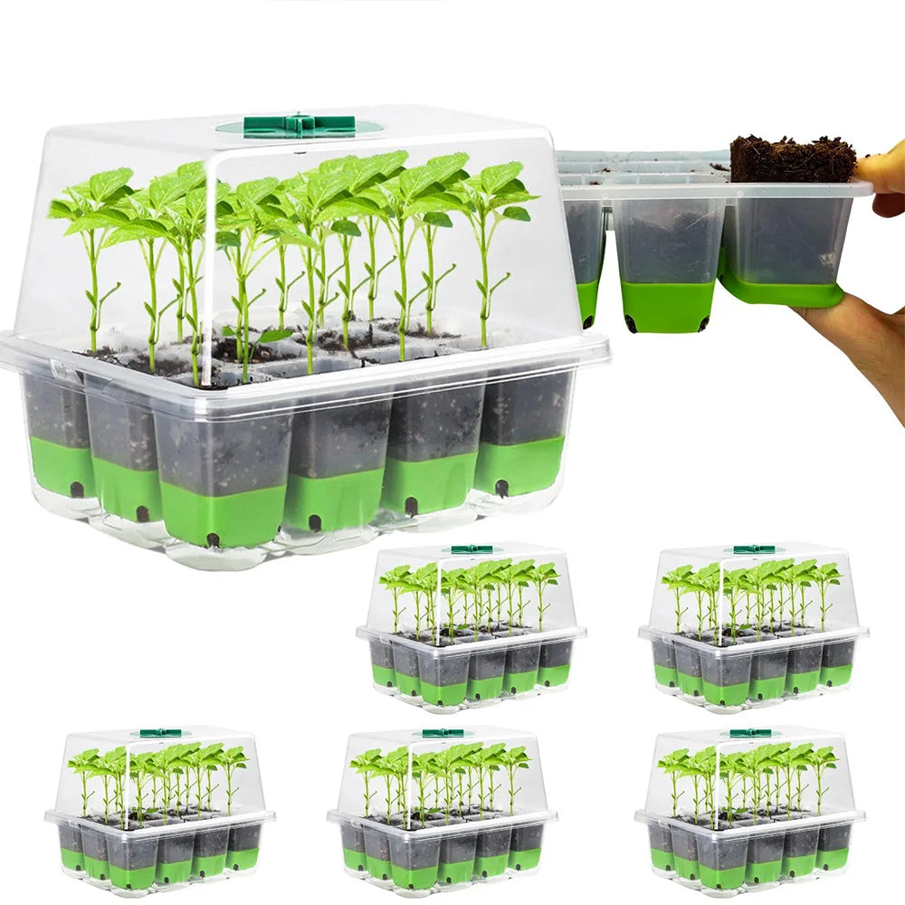 12-cell Seedling Starter Tray with Transparent Cover Garden Greenhouse Growth Potting Adjustable Humidity Germination Box Indoor Peaceful Pleasures Health and Wellness