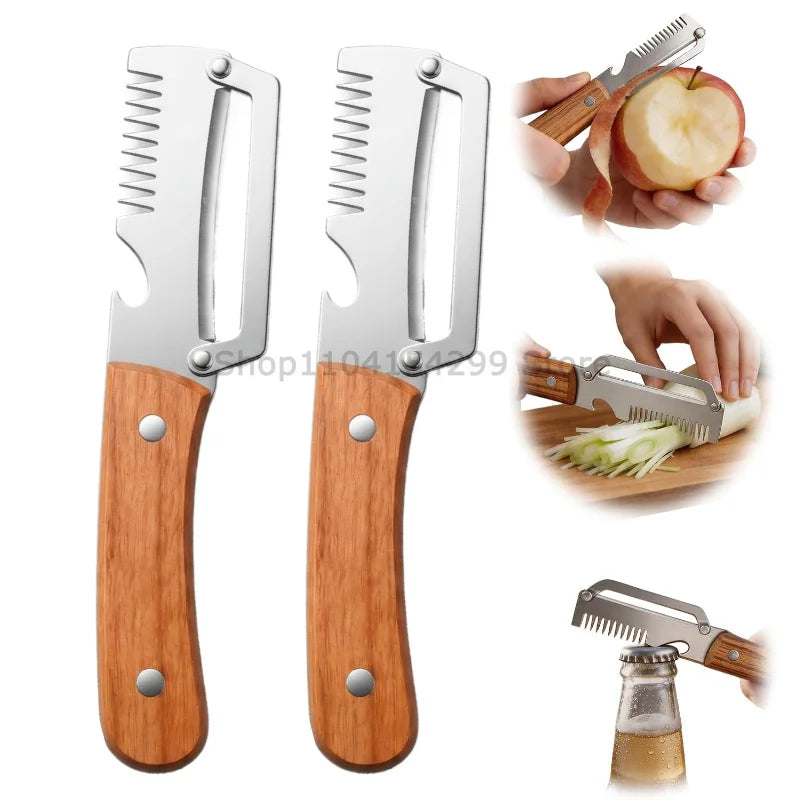 3-in-1 Wooden Handle Vegetable Peeler – Stainless Steel