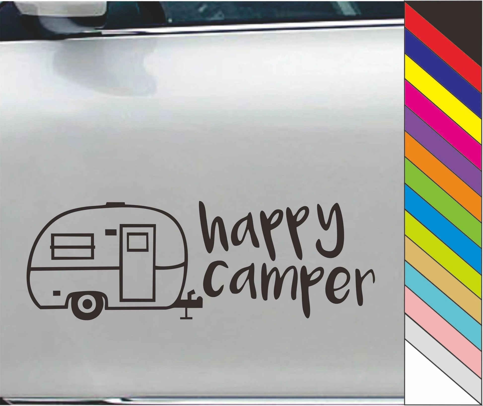 Happy Camper Car Sticker Decal Car Door Window Bumper Laptop Decor Waterproof Peaceful Pleasures Health and Wellness black