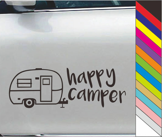 Happy Camper Car Sticker Decal Car Door Window Bumper Laptop Decor Waterproof Peaceful Pleasures Health and Wellness black