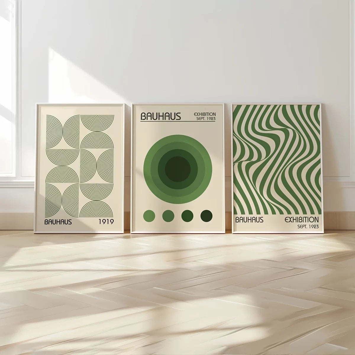 3-Piece Minimalist Green Bauhaus Canvas Wall Art Set