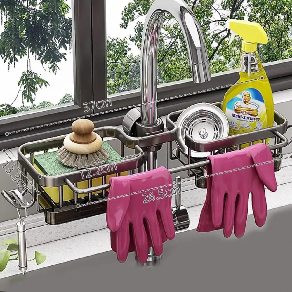 Space Aluminum Kitchen Sink Drain Rack Bathroom Organizer Soap Drainer Shelf Sponge Storage Basket Save Space Multipurppse Peaceful Pleasures Health and Wellness Gray-Set