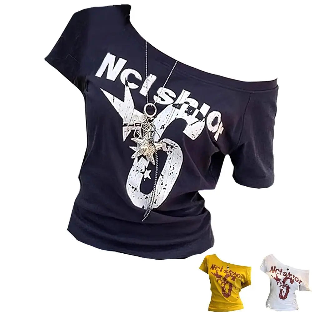 Y2K Off Shoulder Crop Top – Letter Print Skew Collar Women's Tee