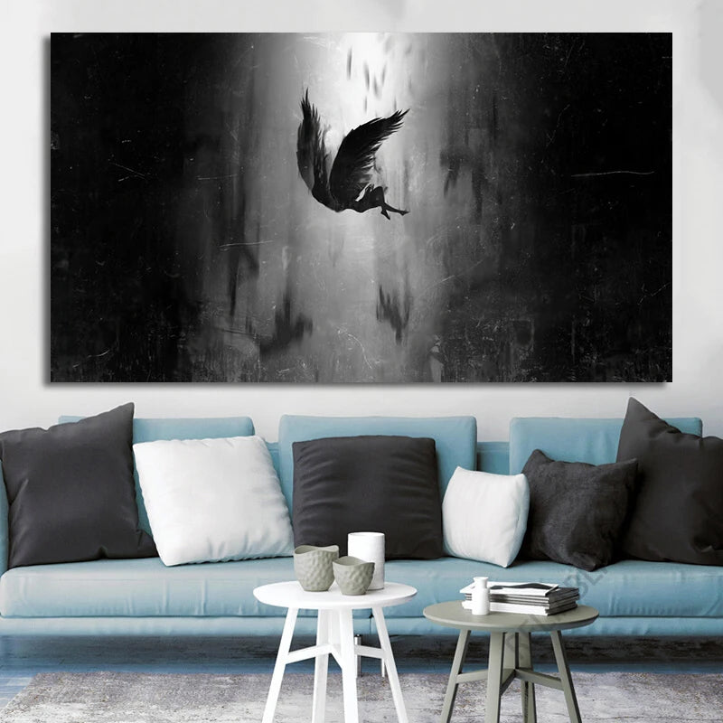The Angel Lucifer Falls From Heaven Canvas Painting Black Wings Anime Posters and Prints for Living Room Decoration Cuadros Peaceful Pleasures Health and Wellness