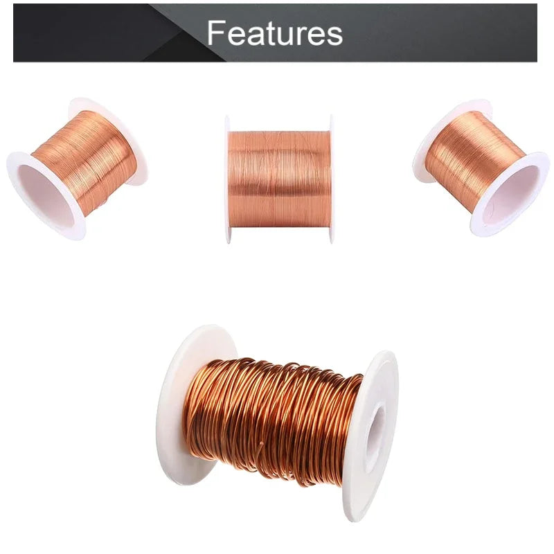 Copper wire spools on a white background with 'Features' text above.
